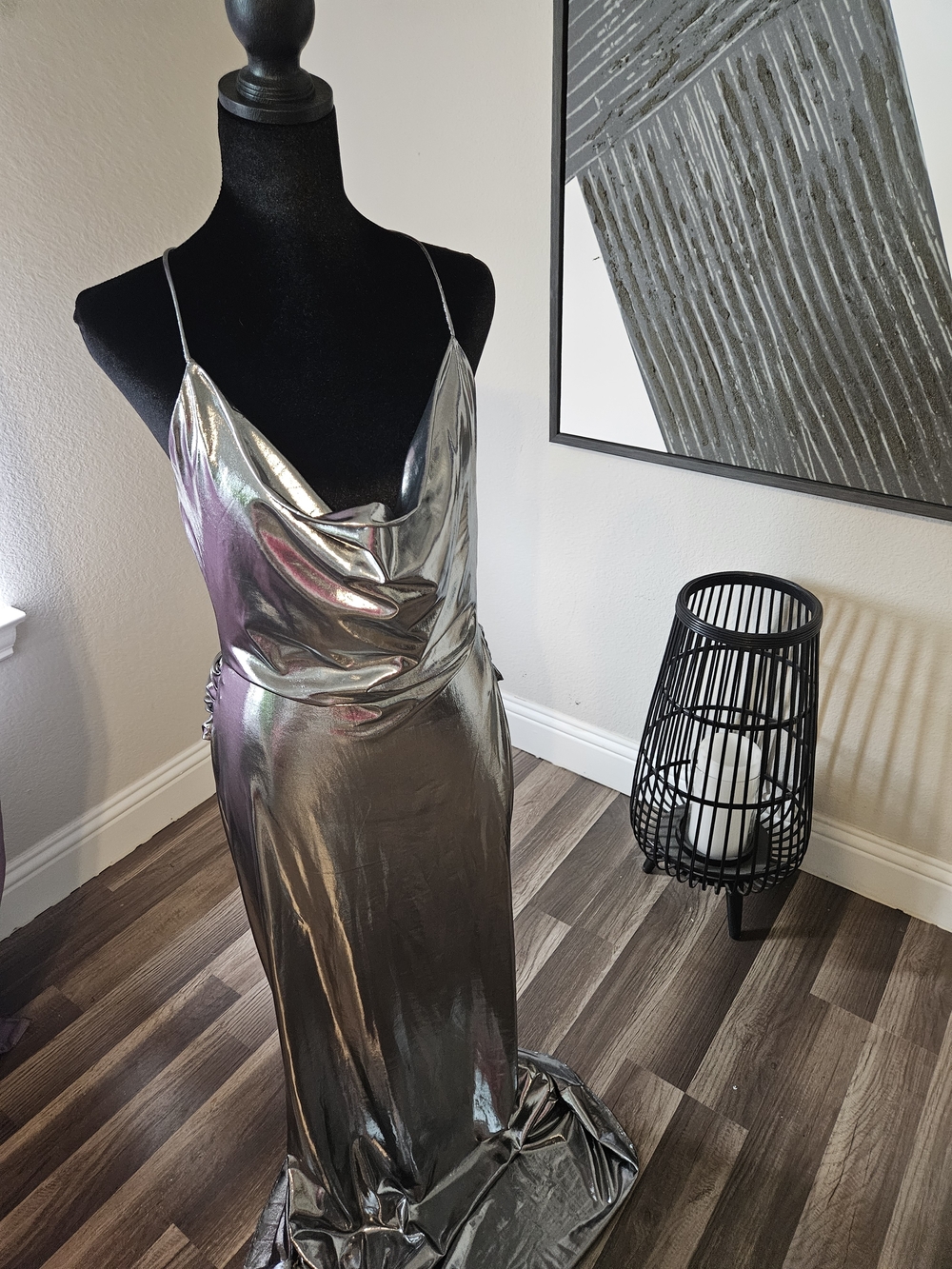 JLUXLABEL Metallic Silver Sheen Dress with Spaghetti Straps